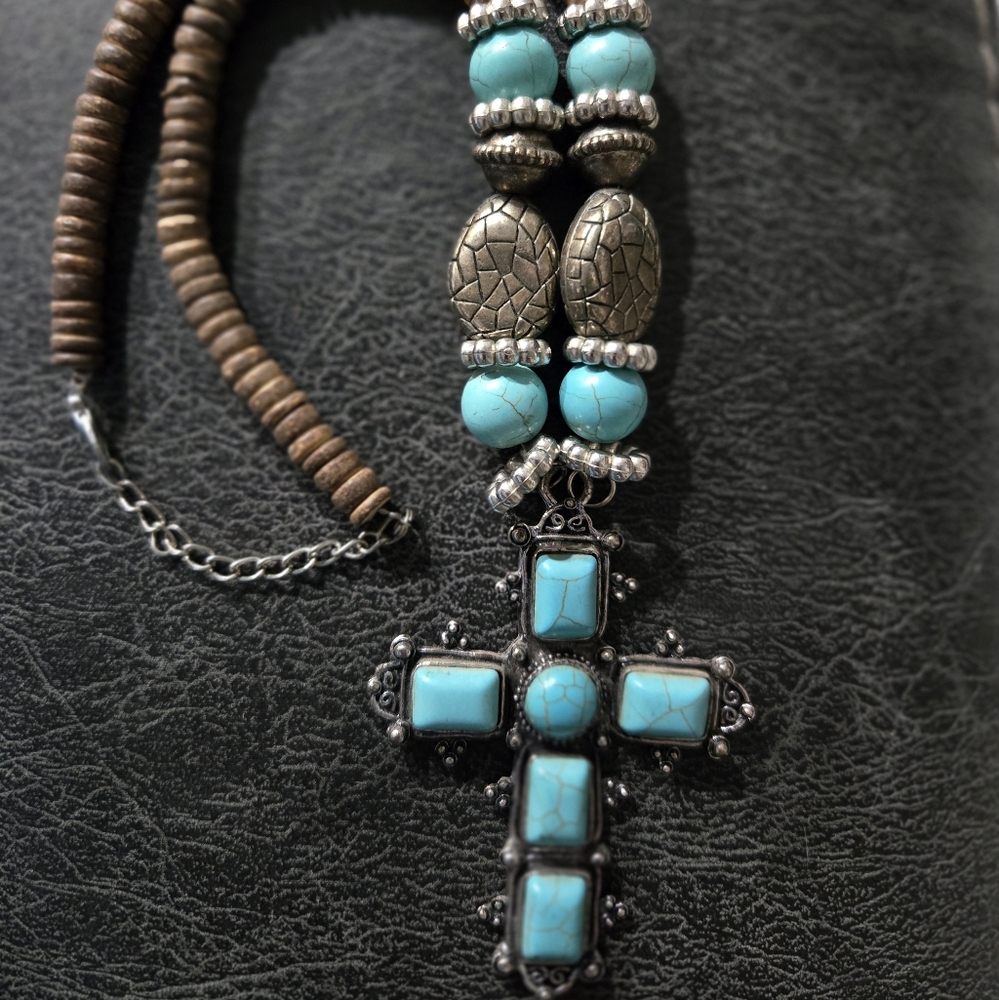 Turquoise and Brown Beaded Cross Necklace